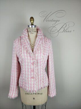 Barbie Pink & White Silk Boucle Classic Textured Tweed Blazer Jacket * Medium